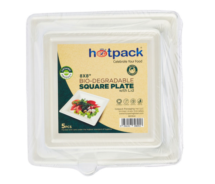 Hotpack HSMBDSP8X8C Set of 5 Pieces Bio-Degradable Square Plate With Lid - Zoom Image 1