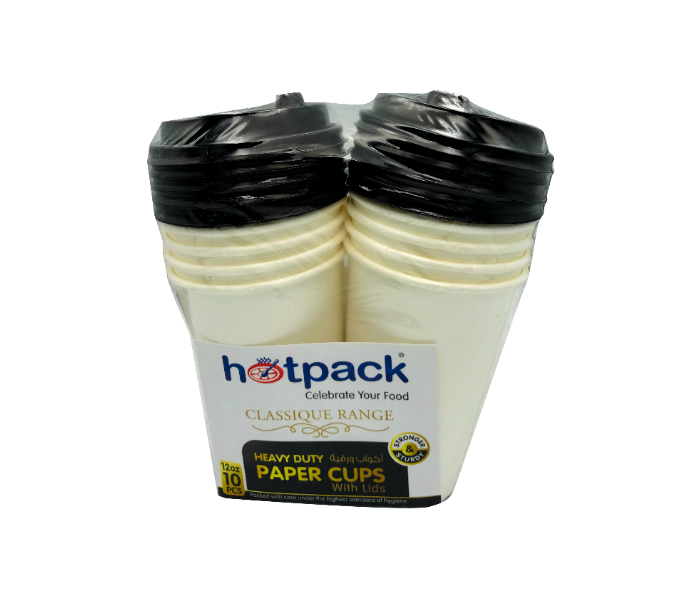 Hotpack HSMPHDC12WC Set of 10 Pieces 12 Ounce Heavy Duty Paper Cup White With Black Lid - Zoom Image