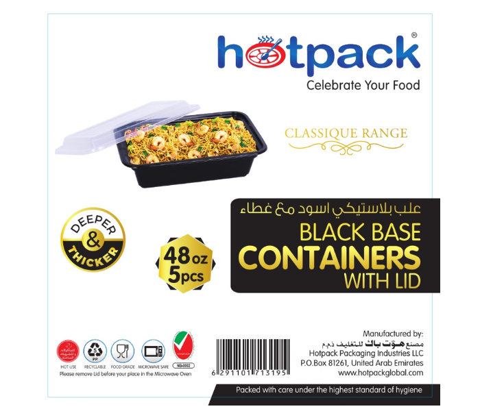 Hotpack HSMBBRE48 Set of 5 Pieces 48 Oz Black Base Rectangular Container With Lids - Zoom Image 6