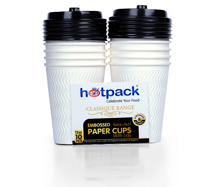 Hotpack HSMEPC12C Set of 50 Pieces 12 Oz White Embossed Paper Cups with Lid - Zoom Image