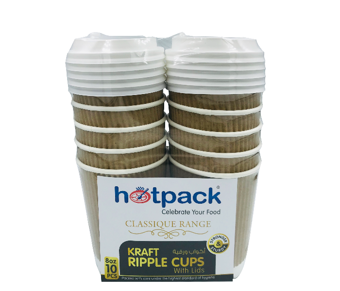 Hotpack HSMPCRW8K Set of 10 Pieces Kraft Ripple Cup 8 Oz with White Lids - Zoom Image