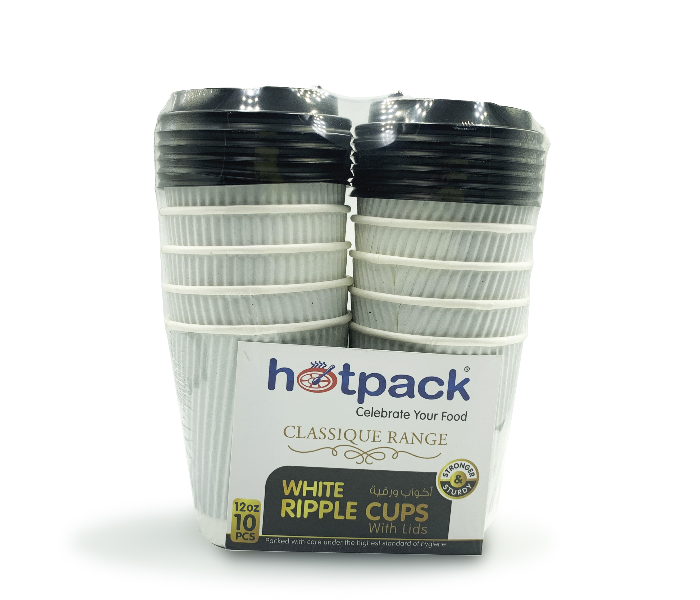 Hotpack HSMPCRW12W Set of 10 Pieces 12 Ounce White Ripple Paper Cup With Black Lid - Zoom Image