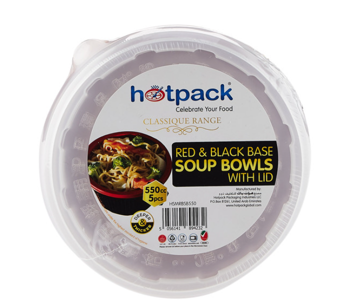 Hotpack HSMRBSB550 Set of 5 Pieces 550 ml Red and Black Base Soup Bowls With Lids - Zoom Image 1