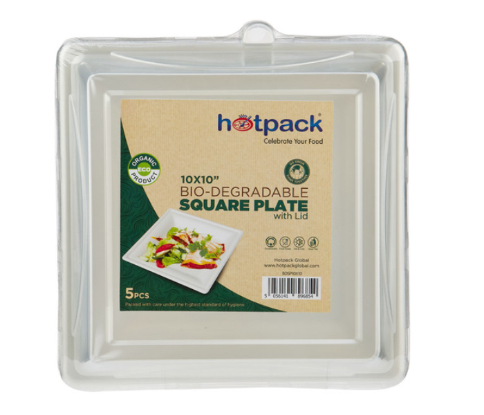 Hotpack HSMBDSP10X10L Set of 5 Pieces Bio-Degradable Square Plate With Lid - Zoom Image 1