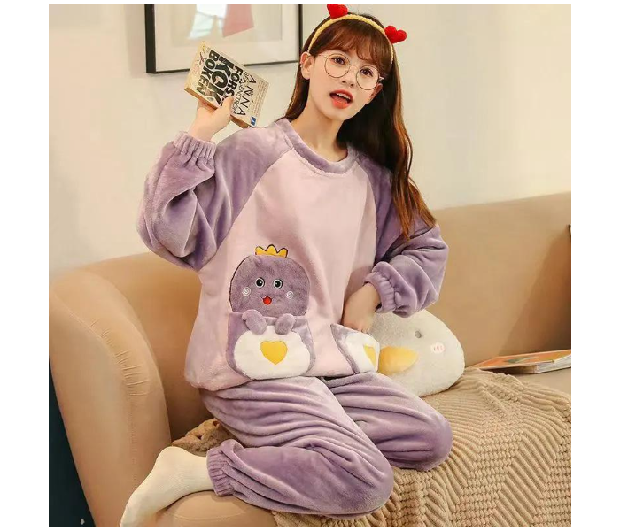 Setof 2 Femme Cartoon Printed Furry Plush Winter Warm Velvet Pajamas Set for Women - Free size assorted colors - Zoom Image 3