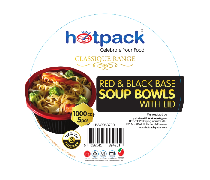 Hotpack HSMRBSB1000 Set of 5 Pieces 1000 ml Red and Black Base Soup Bowls With Lids - Zoom Image 5