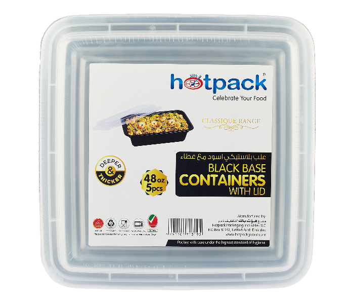 Hotpack HSMBBRE48 Set of 5 Pieces 48 Oz Black Base Rectangular Container With Lids - Zoom Image 1