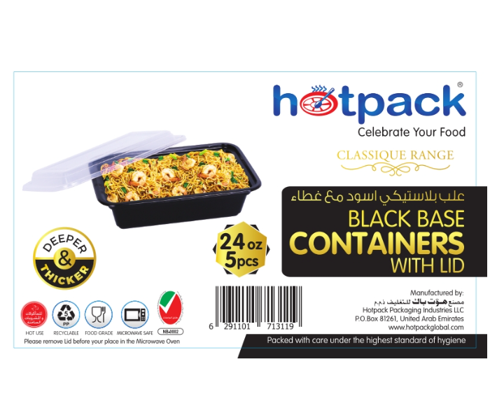 Hotpack HSMBBRE24 Set of 5 Pieces 24 Oz Black Base Rectangular Container With Lids - Zoom Image 5