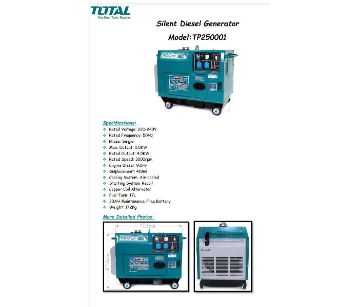 Total TP250001 5.000W 17 Liters Fuel Tank Silent Diesel Single Phase Generator - Zoom Image 1