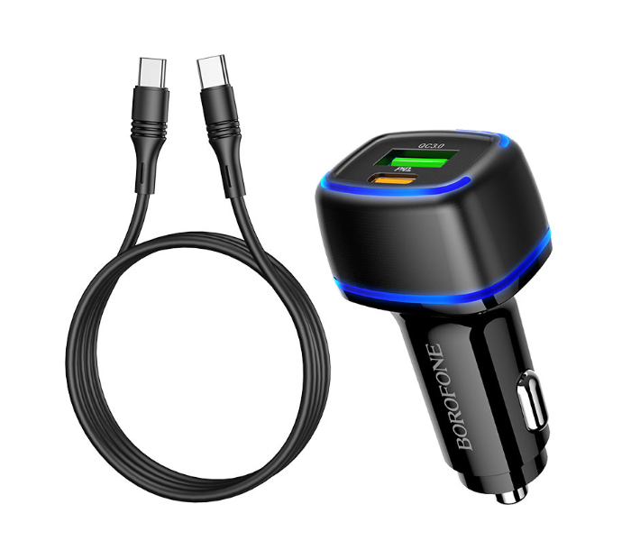 BOROFONE BZ14 Max Dual Port Ambient Light Car Lightning Charger Set - Black - Zoom Image 2