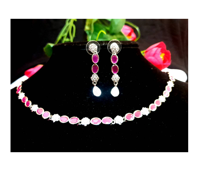 Strabella NC2‐ATZ3 German Silver Necklace With Ad Stones For Women - Pink - Zoom Image