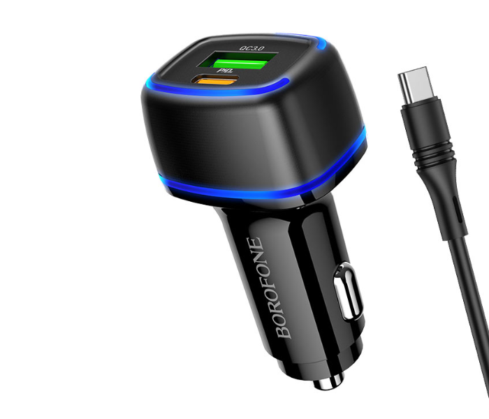 BOROFONE BZ14 Max Dual Port Ambient Light Car Lightning Charger Set - Black - Zoom Image 1