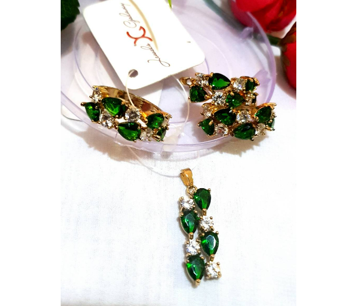 Strabella NC2-JG2 American Diamond Pendant With Earrings Set For Women - Green - Zoom Image