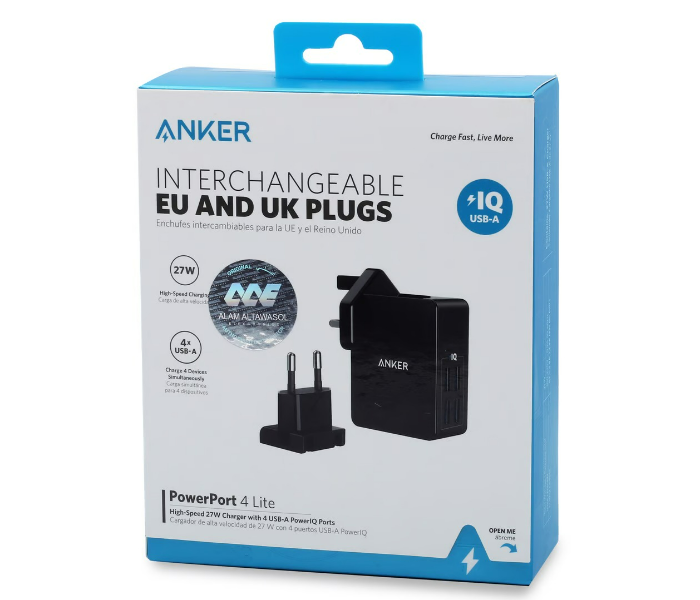 Anker A2042L11 PowerPort 4 Lite with Interchangeable UK and EU Travel Charger - Black - Zoom Image 8