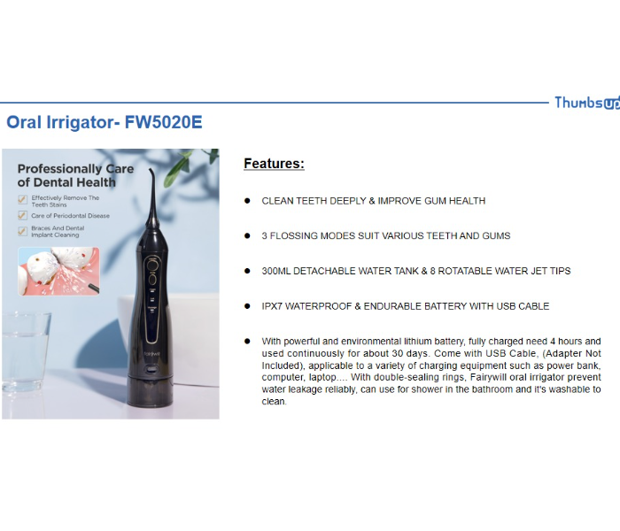 Fairywill FW5020E-B IPX7 3-Personaliased Mode Water Flosser Oral Irrigator -Black - Zoom Image 8