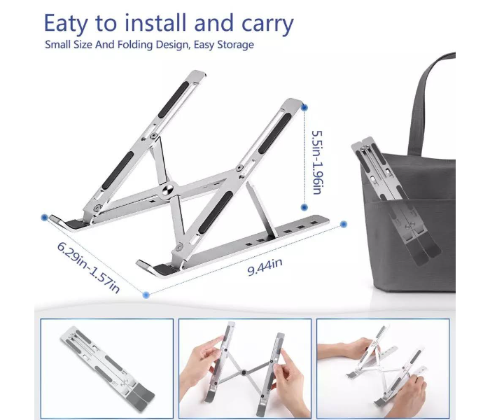 GTC 22000977 Adjustable Foldable Portable Stand for Desk  Aluminum Laptop Holder Riser -Silver - Zoom Image 2