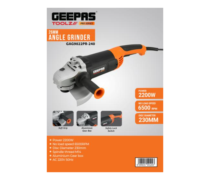 Geepas GAG9022PR-240 Aluminium Gear Box 2200W 230mm Disk Diameter 26mm Angle Grinder - Black and Orange - Zoom Image 6