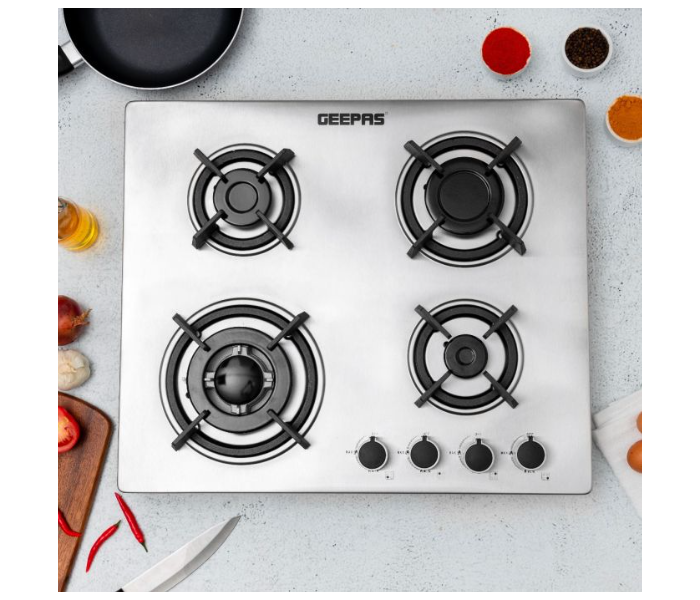 Geepas GGC31026 Stainless Steel Auto ignition Metal Knob 4 Burner Cast Iron Pan Support Burner-Silver - Zoom Image 1