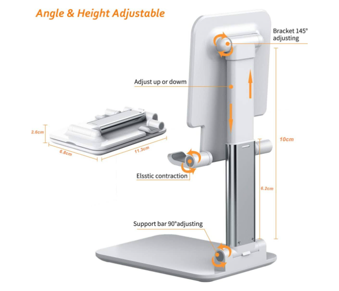 GTC 22000981 Angle and Height Adjustable Anti-Slip Design Compatible Foldable Mobile Holder Stand with All Smartphones -White - Zoom Image 2