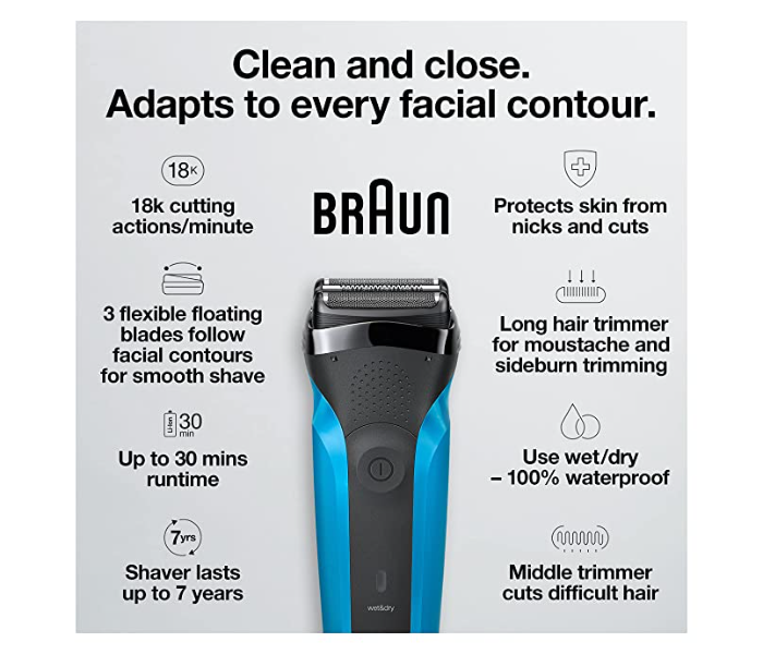 Braun SHAVER310S Wet And Dry Rechargeable Battery Powered Cordless Advanced German Engineering Water Proof Shaver For Men-Blue - Zoom Image 4