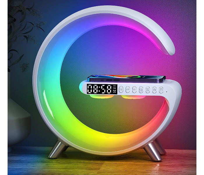 Smart Multi Functional Wireless Charger Atmosphere Lamp With Portable Bluetooth Speaker Clock Alarm Key And App Control, 256 Modes And 16 Million Light Colors - Zoom Image 1