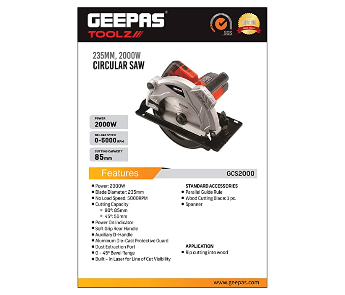 Geepas GCS2000 185MM diameter 1500W Soft grip Circular Saw - Red and Silver - Zoom Image 2