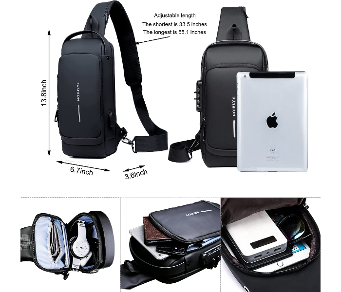 Anti theft Crossbody Sling bag for Men Women, Waterproof Leather Chest with USB Charging Port  - Zoom Image 7