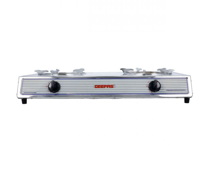 Geepas GGC31031 Stainless Steel High-Quality Electroplated Pan Support Cast Iron Double Gas Burner-Silver - Zoom Image 1