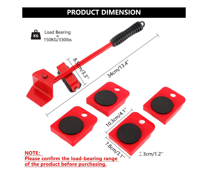 GTC 22000999 Convenient Moving Tool Heavy Move 5Pcs Furniture Lifter Mover Tool Set -Red - Zoom Image 2