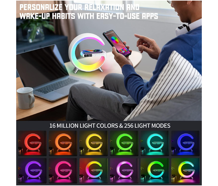 Smart Multi Functional Wireless Charger Atmosphere Lamp With Portable Bluetooth Speaker Clock Alarm Key And App Control, 256 Modes And 16 Million Light Colors - Zoom Image 7