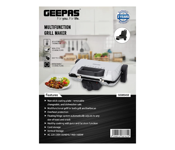 Geepas GGM5458 Non Stick Coating Plate Vertical Storage Overheat Protection 1460-1600W Multi functional Grill Maker-Silver  - Zoom Image 3