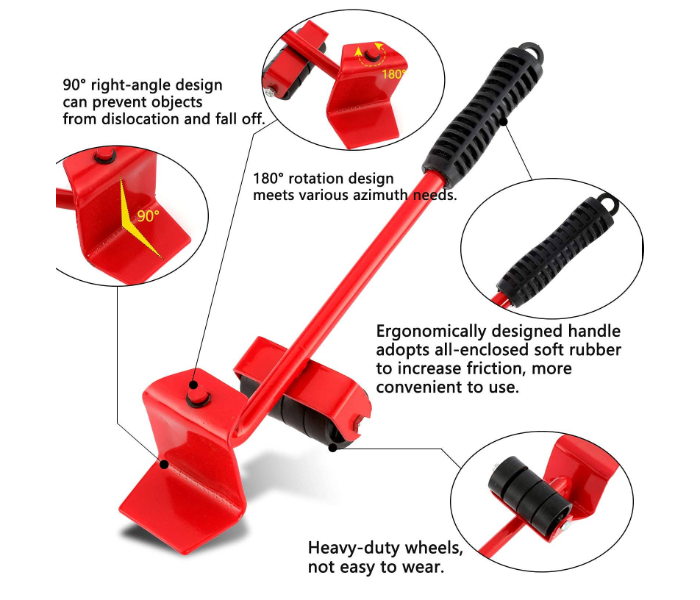 GTC 22000999 Convenient Moving Tool Heavy Move 5Pcs Furniture Lifter Mover Tool Set -Red - Zoom Image 3