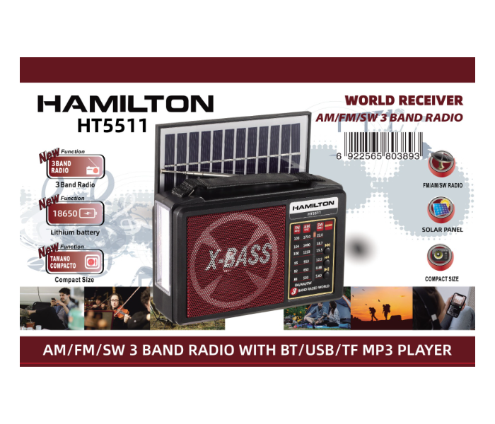 Hamilton HT-5511 World Reciever Solar Pannel  3 Band Radio AM/FM/SW Li- Battery RADIO - Zoom Image