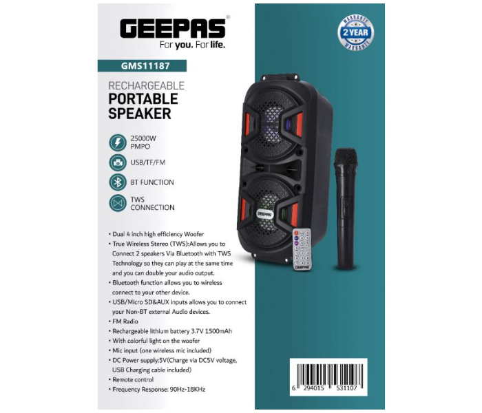 Geepas GMS11187 Rechargeable Portable wireless stereo Bluetooth Function Remote control Speaker-Black - Zoom Image 4