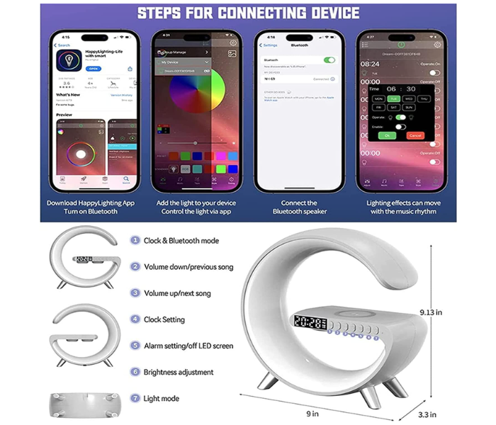 Smart Multi Functional Wireless Charger Atmosphere Lamp With Portable Bluetooth Speaker Clock Alarm Key And App Control, 256 Modes And 16 Million Light Colors - Zoom Image 8