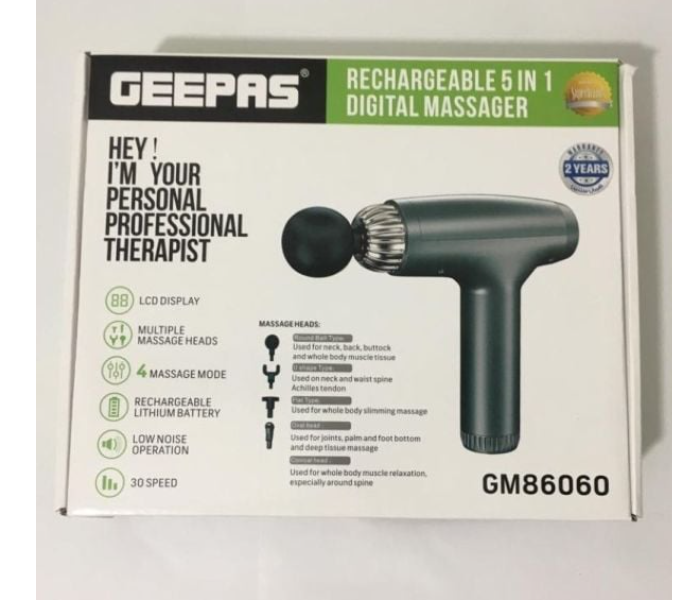 Geepas GM86060 Rechargeable Battery Multiple Massage Head Low Noise Operation LCD display 30 Speed 5in1 Digital Massager -Black - Zoom Image 5