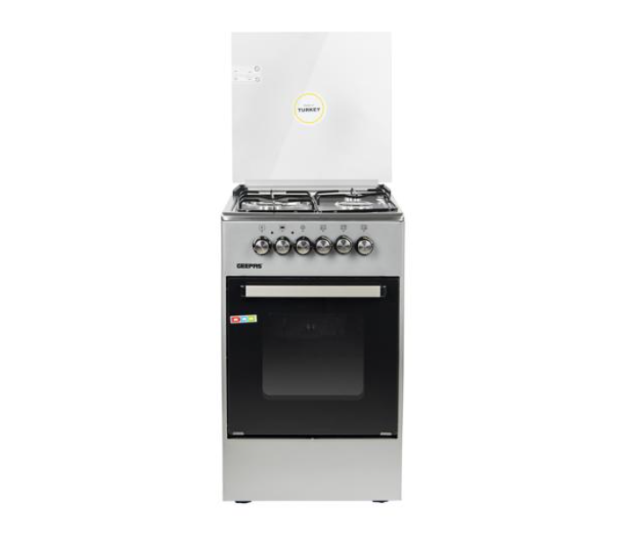 Geepas GCR5031NEHT Stainless steel 3 Gas Pipe Type Burners and 1 Hot Plate 1000W power 50x50 Free Standing Glass Oven - Black And Silver - Zoom Image 1