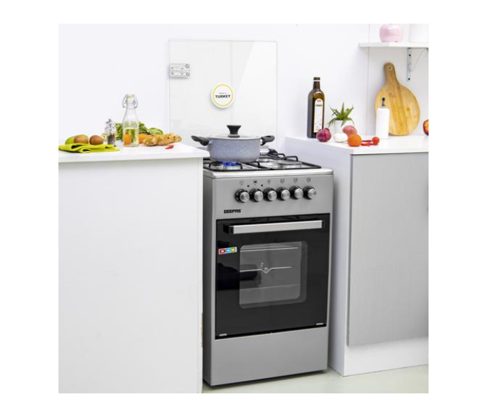 Geepas GCR5031NEHT Stainless steel 3 Gas Pipe Type Burners and 1 Hot Plate 1000W power 50x50 Free Standing Glass Oven - Black And Silver - Zoom Image 3