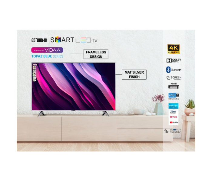 Geepas GLED 6569SVUHD Smart Voice Control 4K Ultra HD Smart TV With Frameless Design Remote Control HDMI Bluetooth Wifi Dolby Digital VIDAA Professional TV - Matte Silver - Zoom Image 1