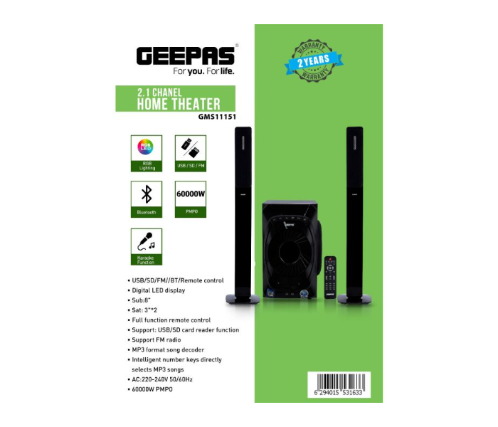 Geepas GMS11151 Bluetooth USB SD FM Full Function Remote Control RGB Lighting and LED Display 2.1 Home Theatre - Black - Zoom Image 5