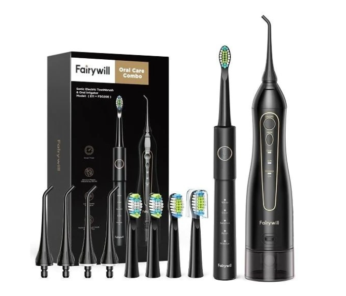 Fairywill FW5020E Water Flosser and  E11 Electric Toothbrush Combo with 4 Jet Tips and 4 Brush Heads - Black - Zoom Image 1