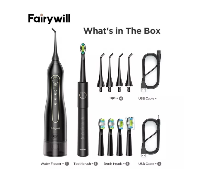 Fairywill FW5020E Water Flosser and  E11 Electric Toothbrush Combo with 4 Jet Tips and 4 Brush Heads - Black - Zoom Image 4