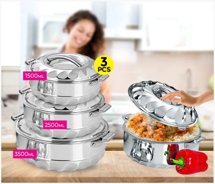 3 Piece Max Fresh Solitaire Stainless Steel Insulated Hot Pot Casserole Gift Set - Silver, 3500ml, 2500ml, 1500ml.  - Zoom Image