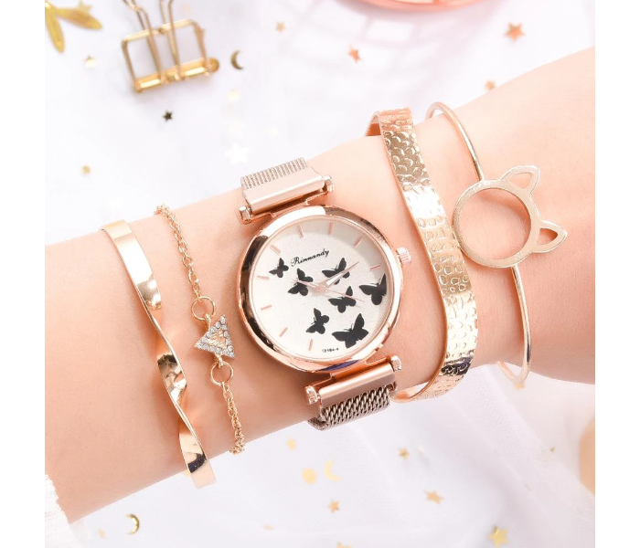 Ladies Butterfly Watch Set by Rinnandy Rose Gold with 4 Bracelets - Zoom Image 1