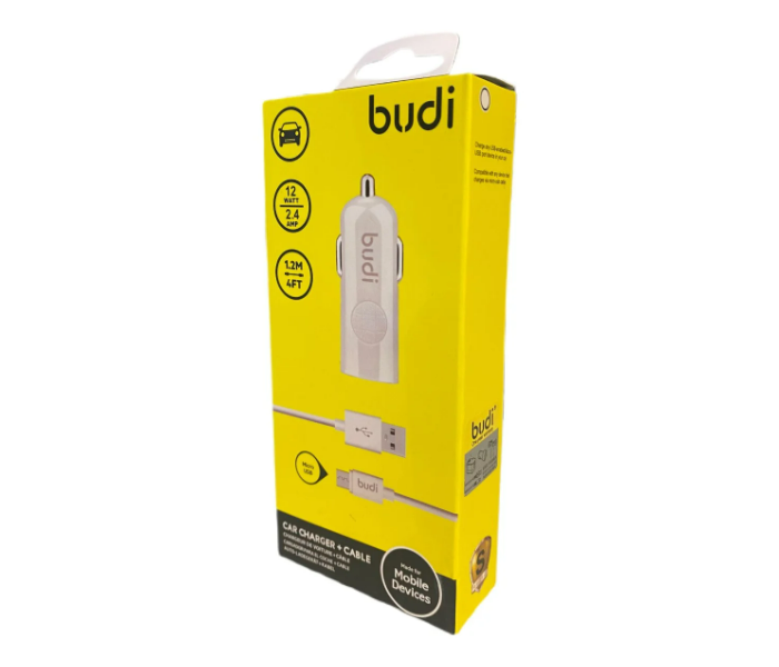 Budi 2.4A Single USB Car Charger with Micro USB Connector Chagring Cable - White - Zoom Image 1