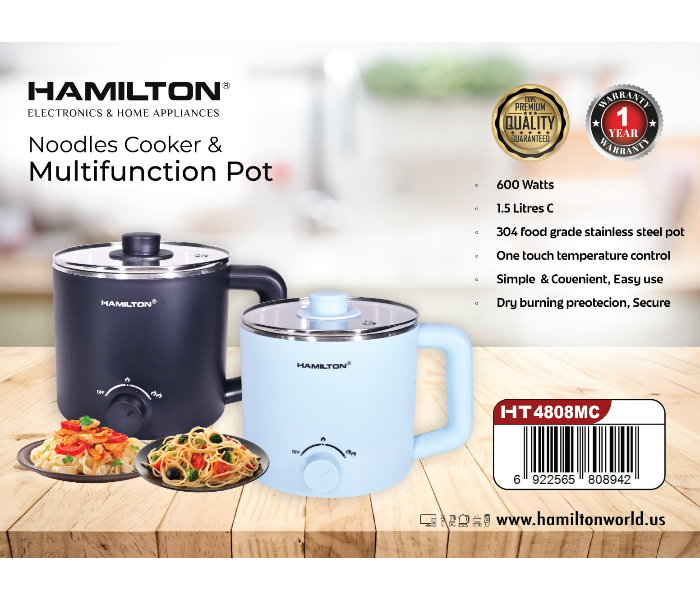 Hamilton HT4808MC One Touch Temperature Control 600Watts with 1.5Liters Capacity Noodles Cooker -Sky Blue - Zoom Image