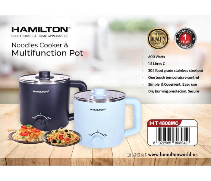 Hamilton HT4808MC One Touch Temperature Control 600Watts with 1.5Liters Capacity Noodles Cooker -Black - Zoom Image