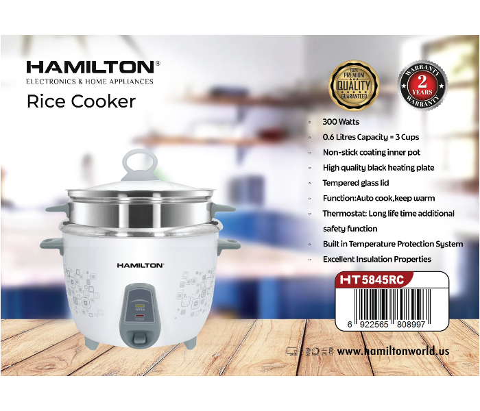 Hamilton HT5845RC High Quality Black Heating Plate With 600Watts Rice Cooker -White And Gray - Zoom Image