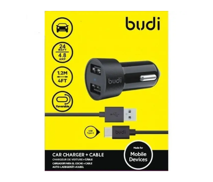 Budi USB Car Charger with 1 USBA to USB-C cable - Black - Zoom Image 1