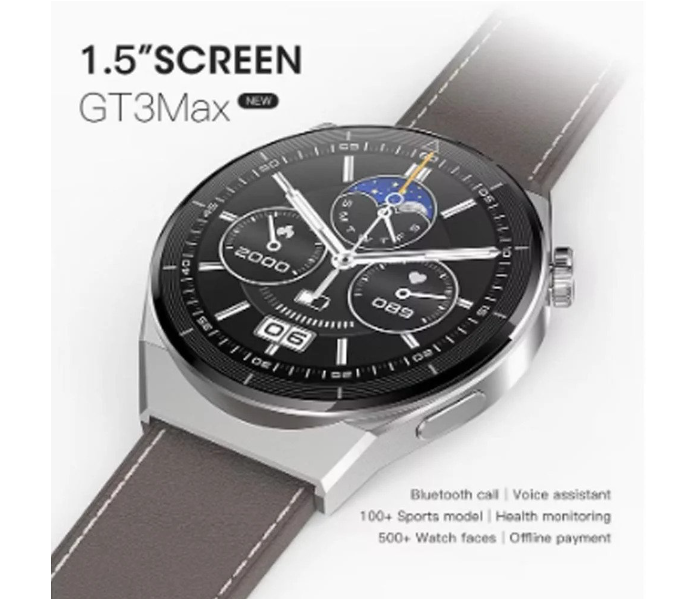 GT3 Max 1.5 inch HD Screen Smart Watch with Wireless Charging, Bluetooth Call, IP68 Waterproof And 3 straps - Silver Brown - Zoom Image 2